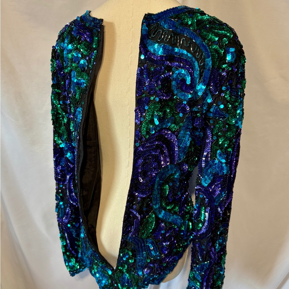 (M) Laurence Kazar Blue Green Sequin Embellished Blouse - Picture 10 of 13